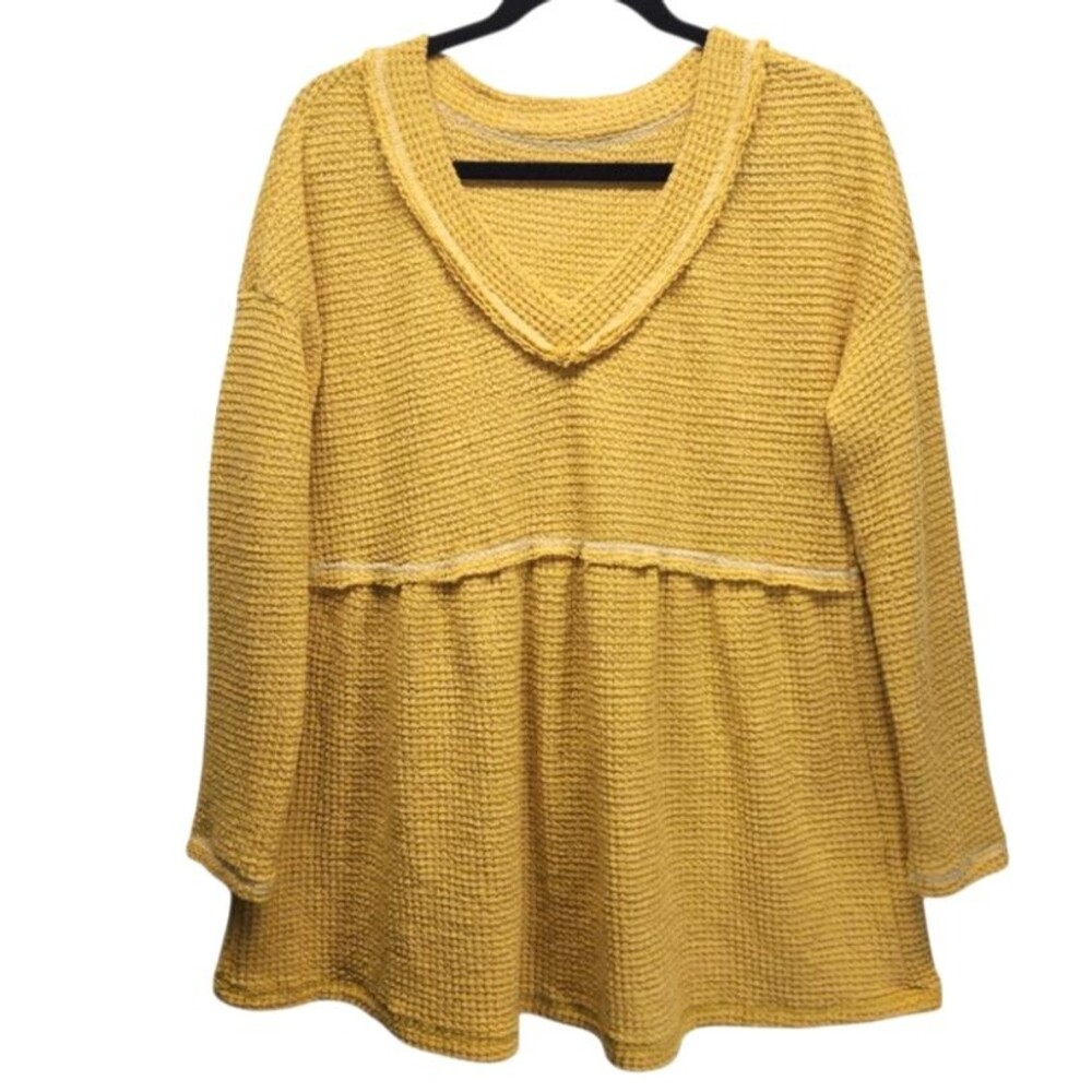 Waffle Weave Yellow V Neck Flowy Swing Babydoll Tunic LARGE
